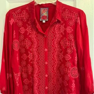 Bright Red Embroidered Johnny Was Blouse